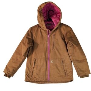 Carhartt Kids Brown Canvas Hooded Jacket Pink Quilted Lining CP9480 HCM034